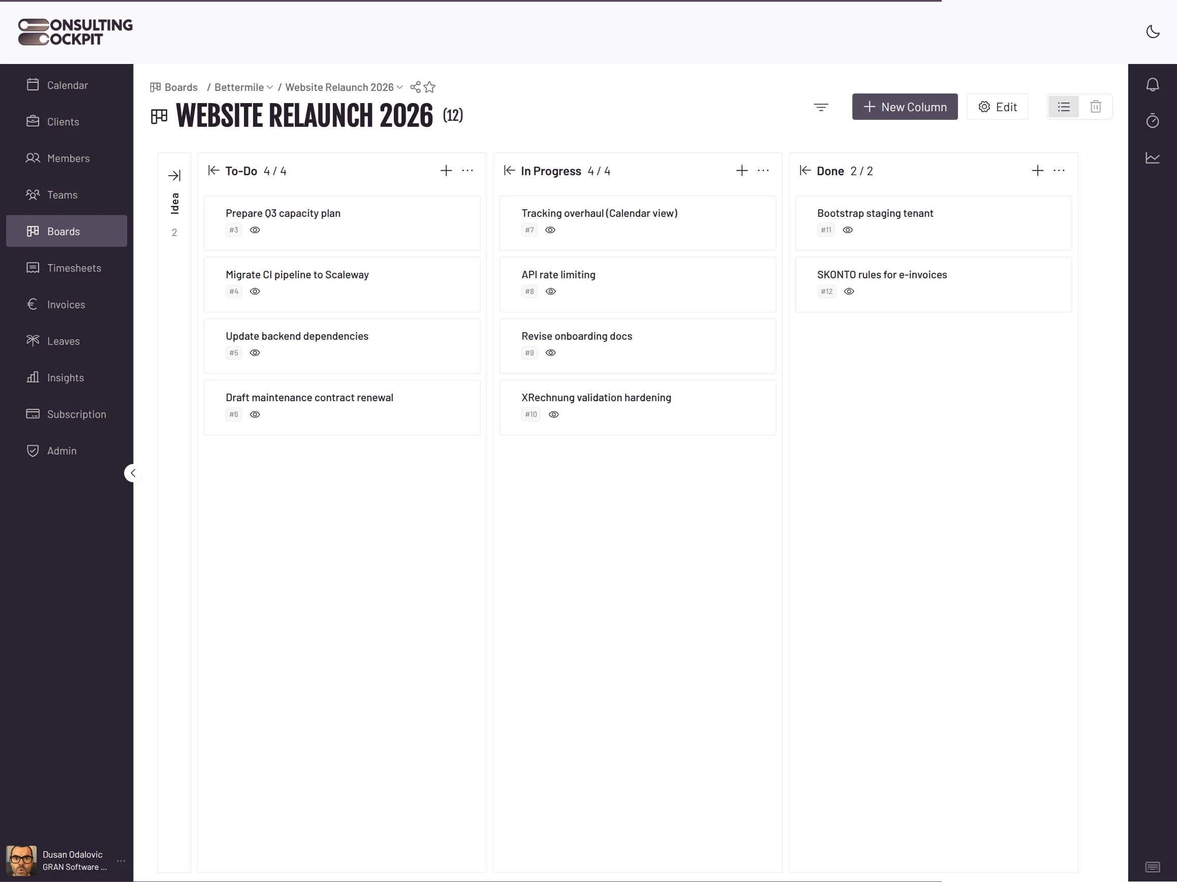 Consulting Cockpit project board with a collapsed Idea column and To-Do, In Progress and Done columns full of task cards, alongside the board search and New Column toolbar