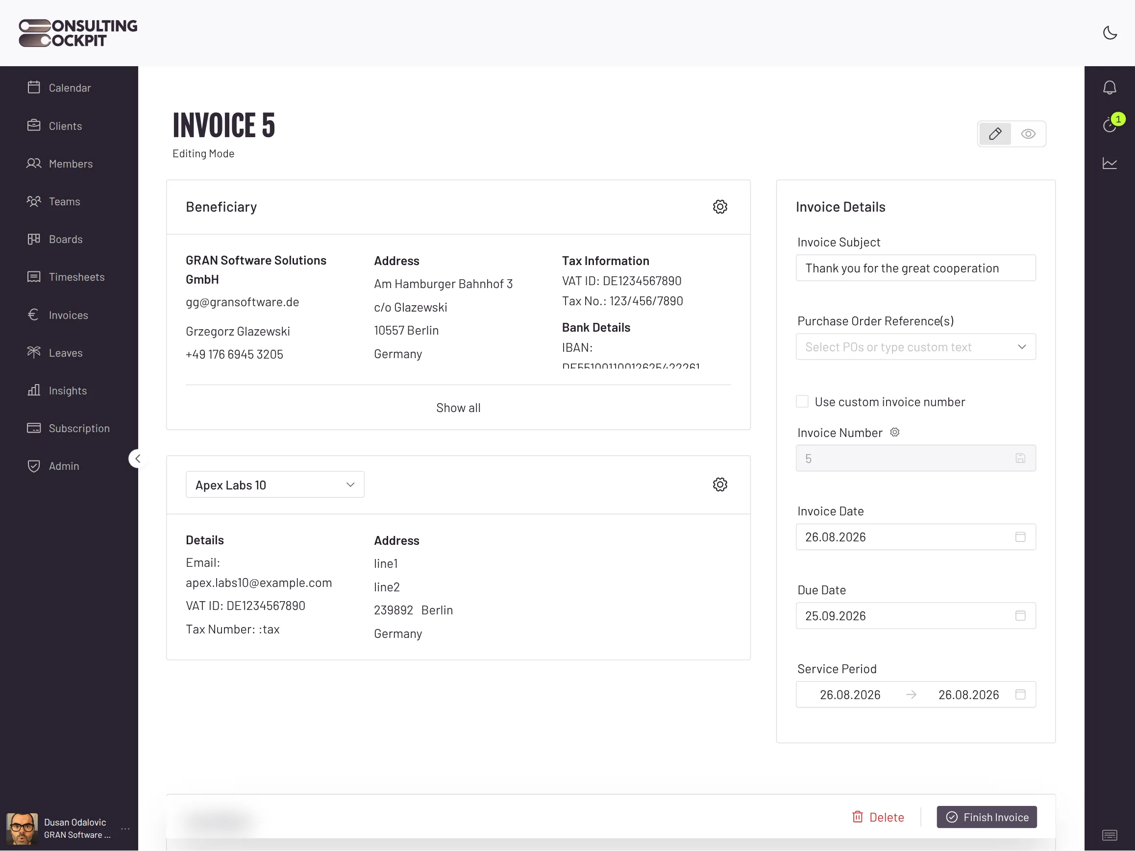 Consulting Cockpit invoice draft editor with beneficiary, tax and bank details for an EN 16931 compliant invoice
