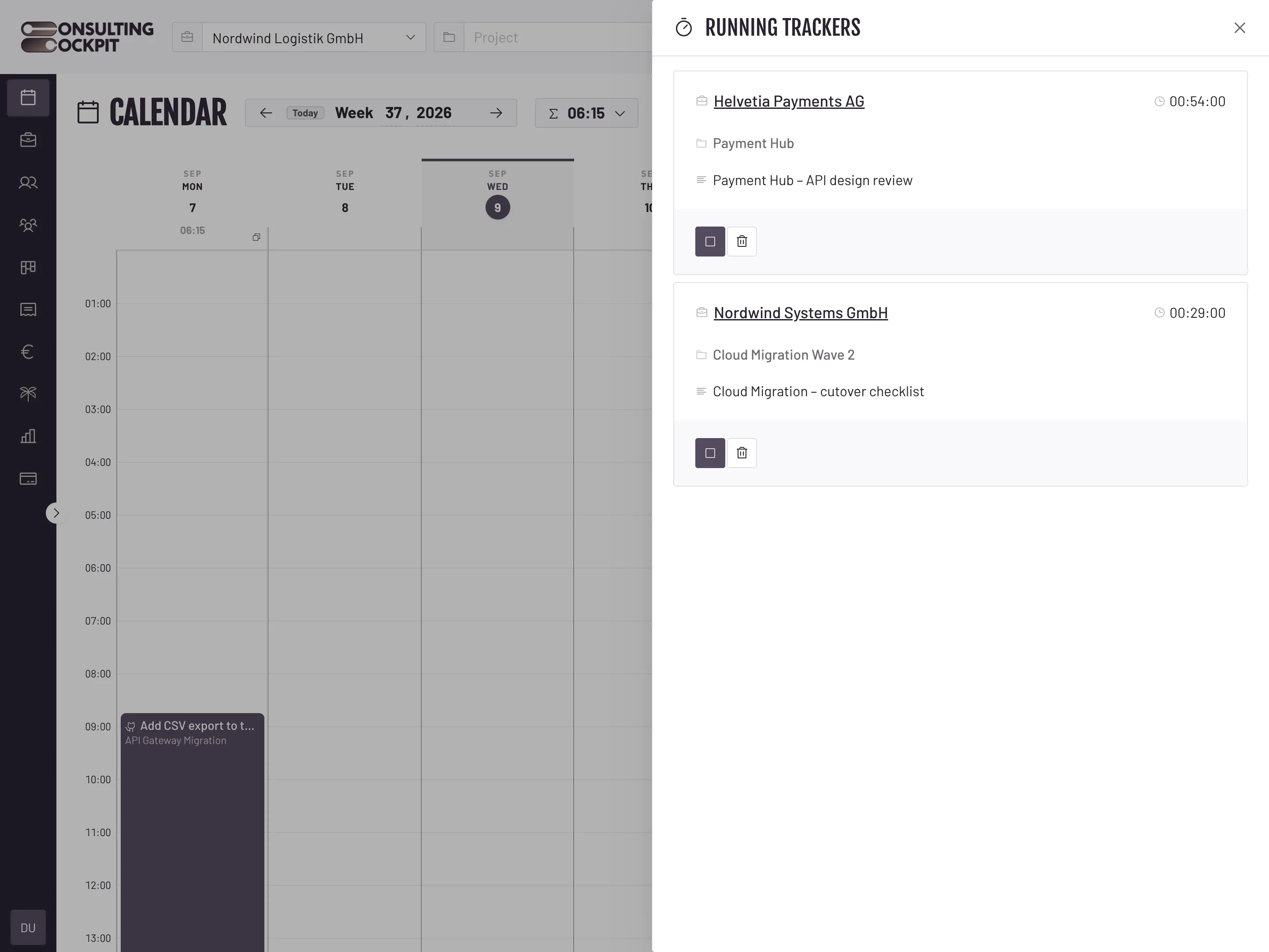 The Running trackers sidebar open beside the calendar, listing two active timers at once: Helvetia Payments AG on Payment Hub and Nordwind Systems GmbH on Cloud Migration Wave 2, each with its elapsed time still ticking